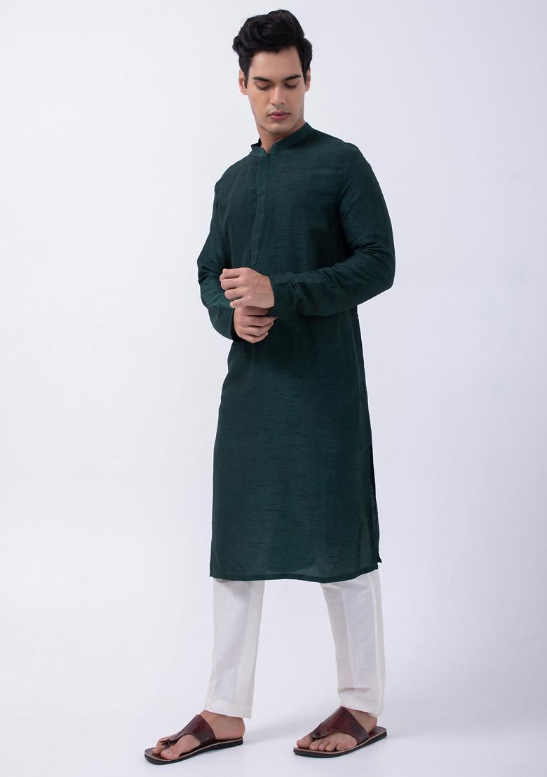 Bottle Green And Ivory Bam Silk Kurta Set For Men