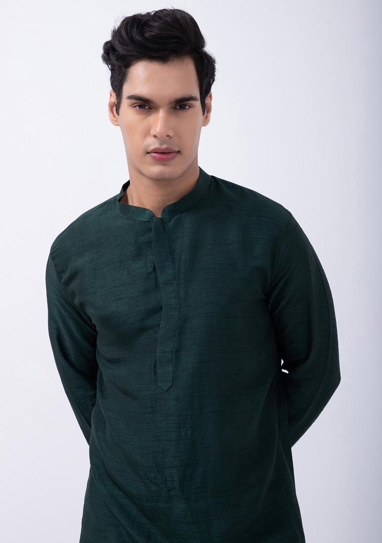 Bottle Green And Ivory Bam Silk Kurta Set For Men
