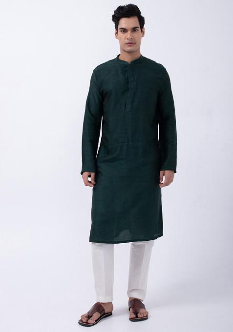 Bottle Green And Ivory Bam Silk Kurta Set For Men