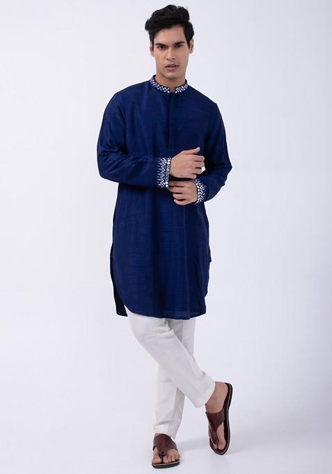 Navy Blue And Ivory Embroidered Bam Silk Kurta Set For Men