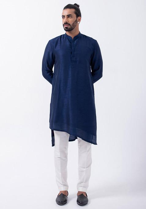 Navy Blue And Ivory Bam Silk Kurta Set For Men 