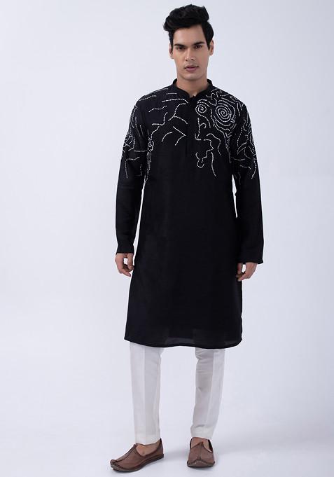 Black And Ivory Embroidered Bam Silk Kurta Set For Men