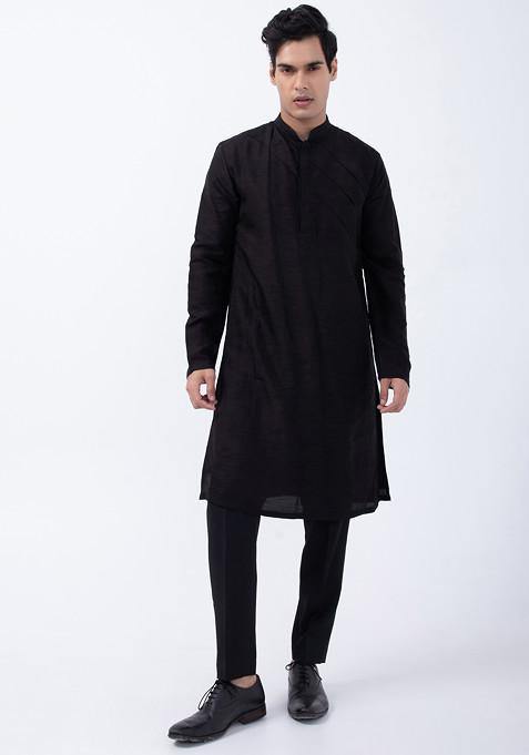 Black And Ivory Cotton And Bam Silk Kurta Set For Men