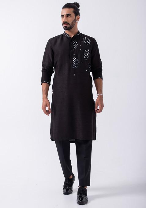 Black And Ivory Embroidered Bam And Cotton Silk Kurta Set For Men