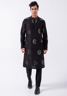 Black And Ivory Embroidered Bam And Cotton Silk Mandarin Kurta Set For Men