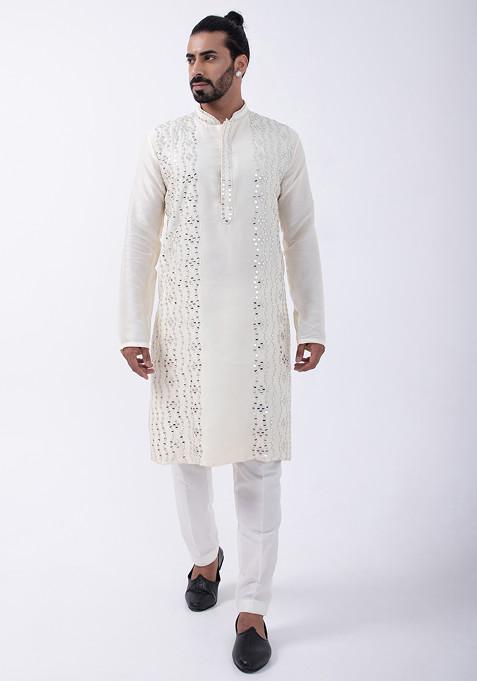 Ivory Embroidered Bam And Cotton Silk Mandarin Kurta Set For Men