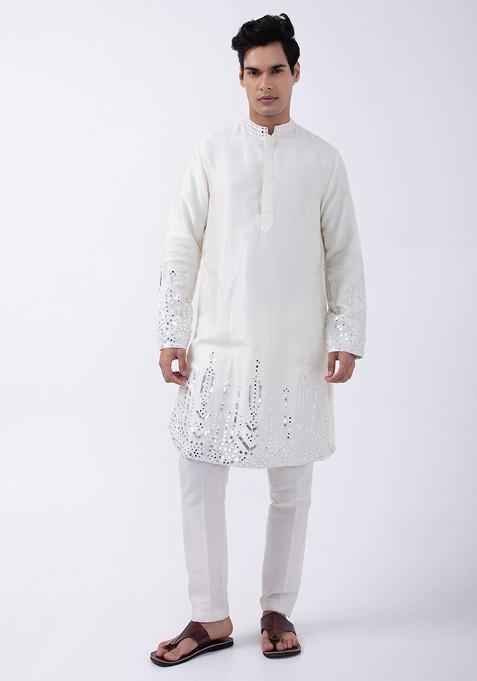 Ivory Embroidered Bam And Cotton Silk Mandarin Full Sleeve Kurta Set For Men