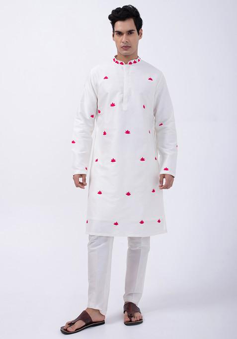 Ivory Embroidered Bam And Cotton Silk Full Sleeve Mandarin Kurta Set For Men