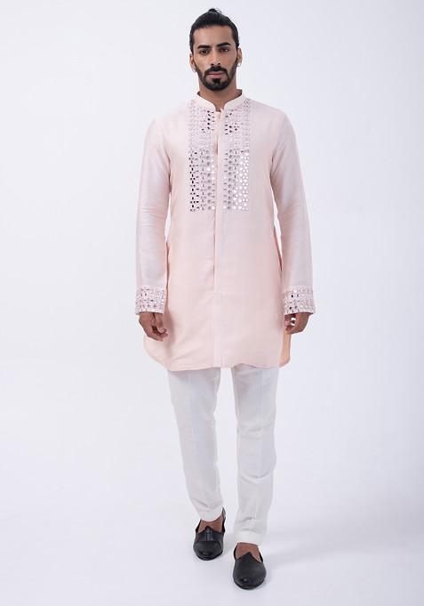 Peach And Ivory Embroidered Bam Silk Kurta Set For Men