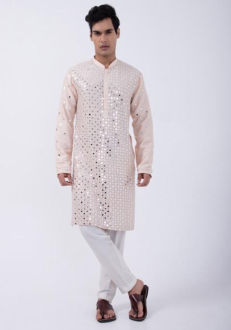 Peach And Ivory Embroidered Cotton Silk Kurta Set For Men