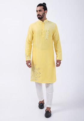 Yellow And Ivory Embroidered Cotton Silk Kurta Set For Men