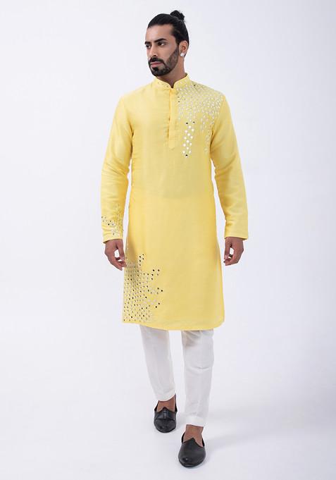 Yellow And Ivory Embroidered Cotton Silk Kurta Set For Men