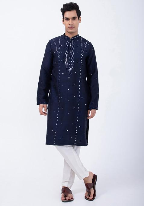 Navy Blue And Ivory Embroidered Cotton Silk Kurta Set For Men