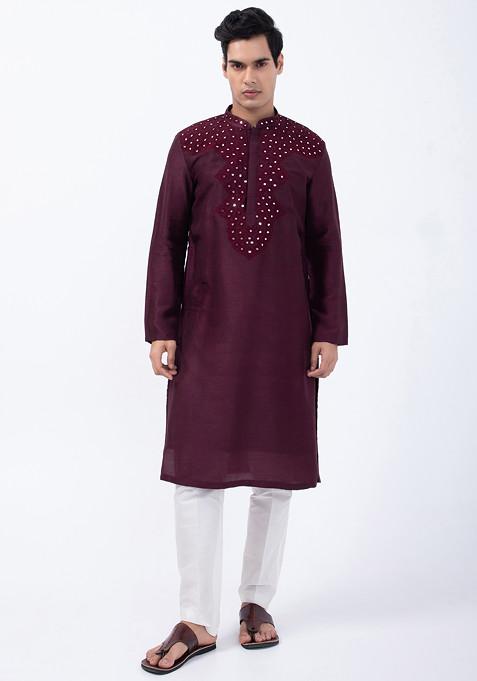 Wine And Ivory Embroidered Cotton Silk Kurta Set For Men