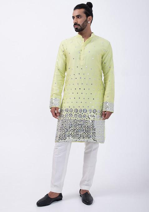 Mint Green And Ivory Embroidered Cotton Silk Kurta Set For Men