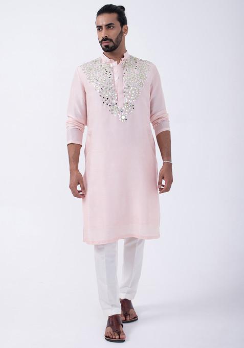 Pink And Ivory Embroidered Cotton Silk Kurta Set For Men