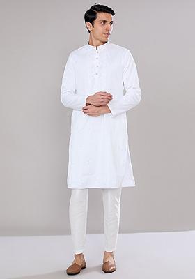 Off White Hand Embroidered Cotton Silk Kurta Set For Men