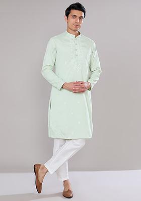 Mint Green Embroidered Cotton Silk Kurta Set For Men