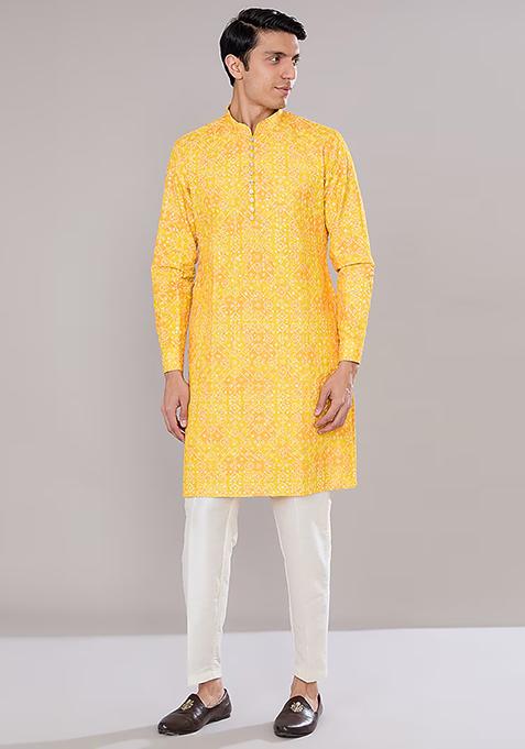 Yellow Bandhani Print Dupion Silk Kurta Set For Men