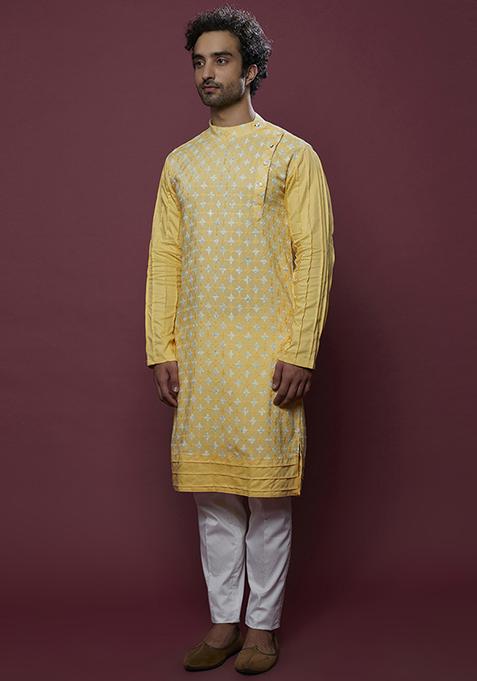 Yellow And Ivory Chikankari Cotton Kurta Set For Men