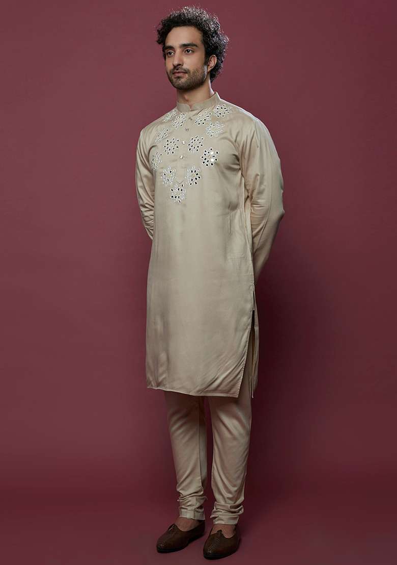 Beige And Ivory Mirror Work Cotton Kurta Set For Men - Indya