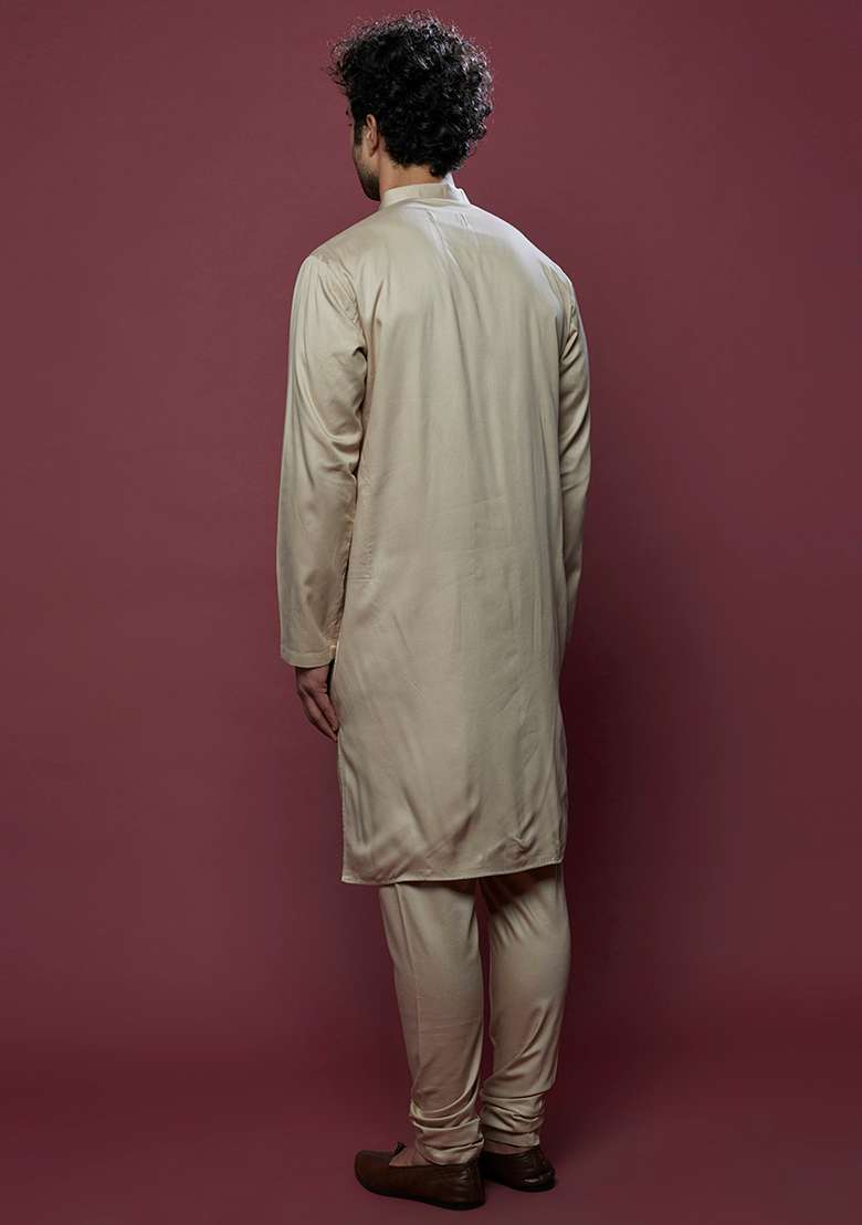 Beige And Ivory Mirror Work Cotton Kurta Set For Men - Indya