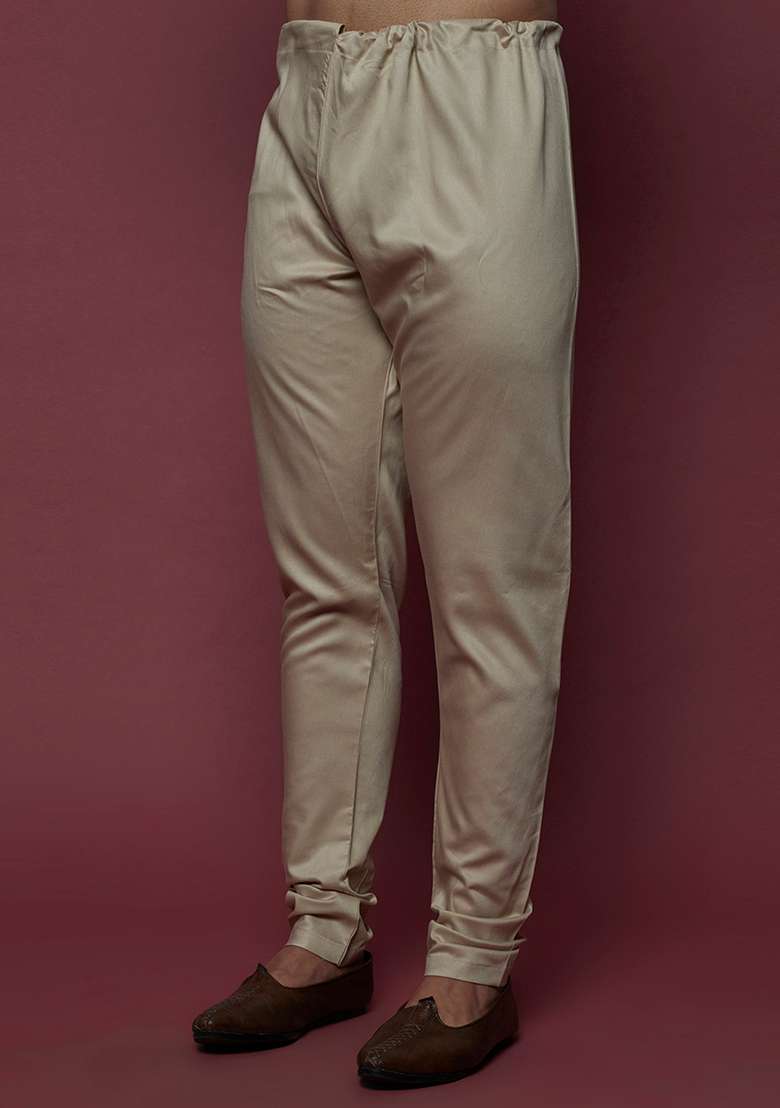 Beige And Ivory Mirror Work Cotton Kurta Set For Men - Indya