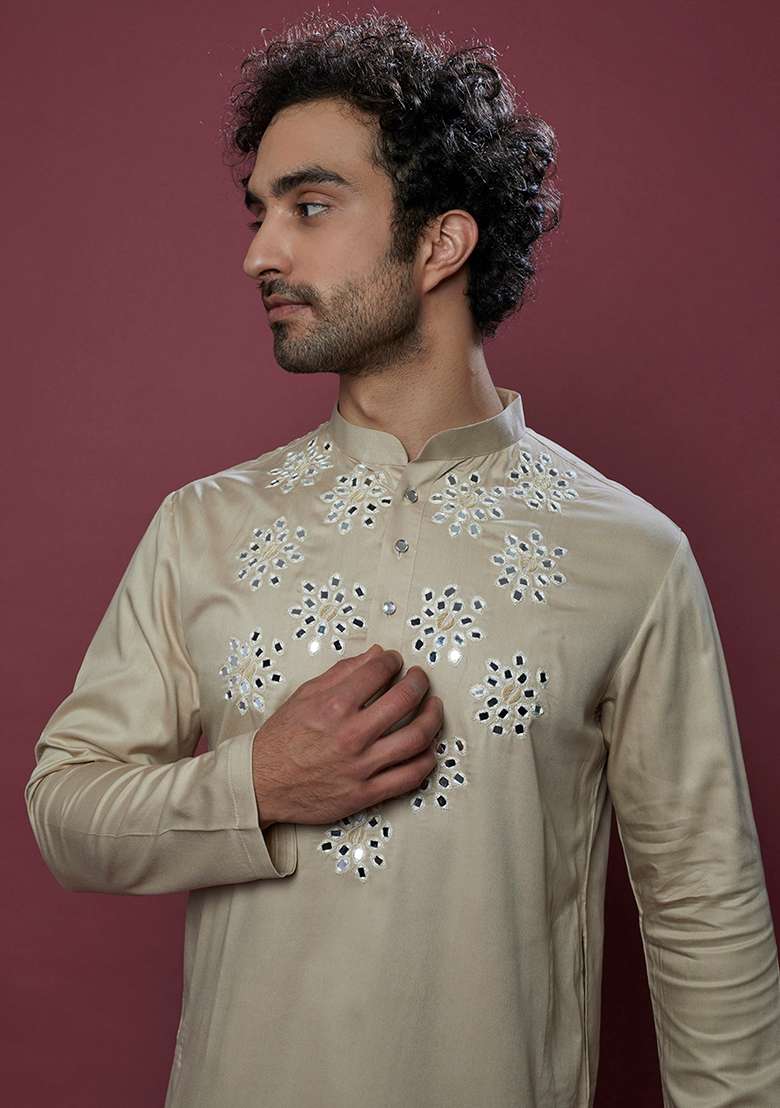 Beige And Ivory Mirror Work Cotton Kurta Set For Men - Indya