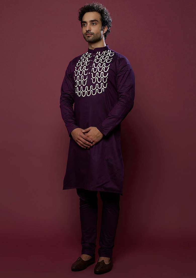 Purple Aari Work Cotton Kurta Set For Men - Indya