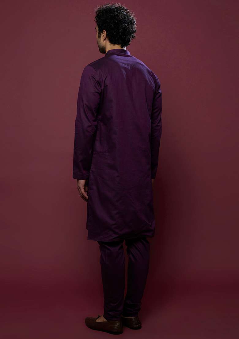 Purple Aari Work Cotton Kurta Set For Men - Indya