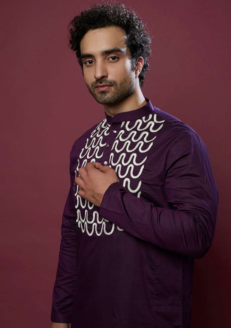 Purple Aari Work Cotton Kurta Set For Men - Indya