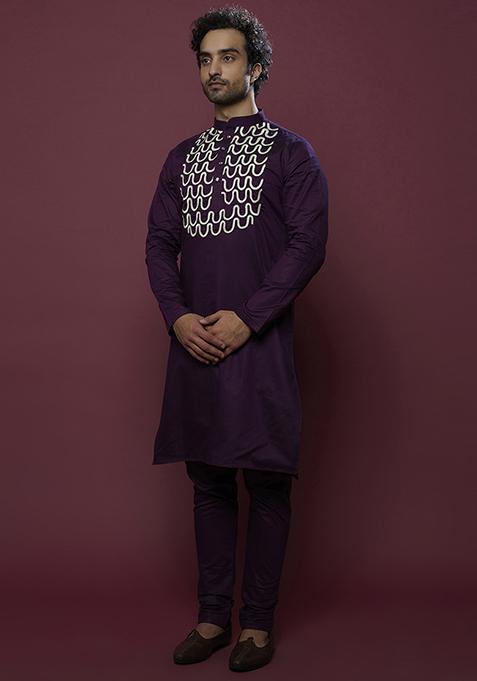 Purple Aari Work Cotton Kurta Set For Men