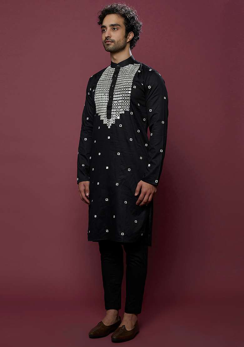 Black Mirror Work Cotton Kurta Set For Men - Indya