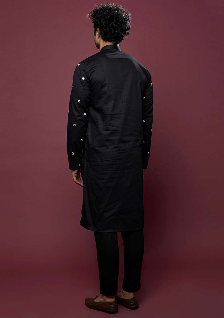 Black Mirror Work Cotton Kurta Set For Men - Indya