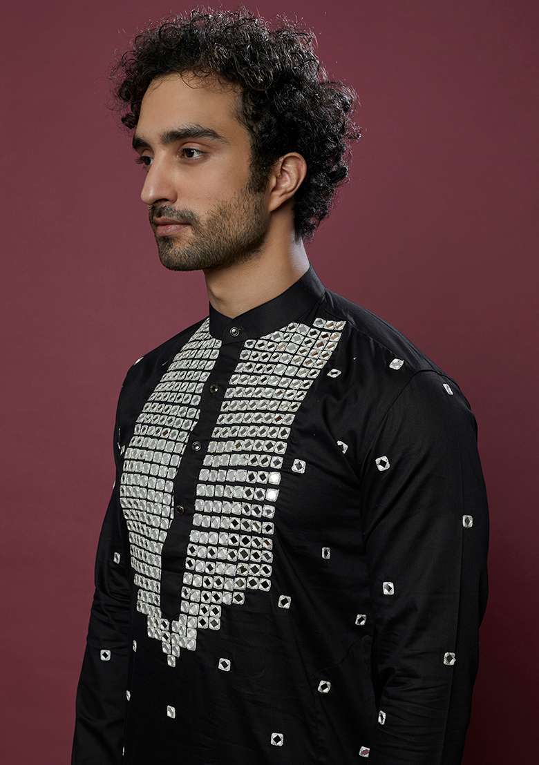 Black Mirror Work Cotton Kurta Set For Men - Indya
