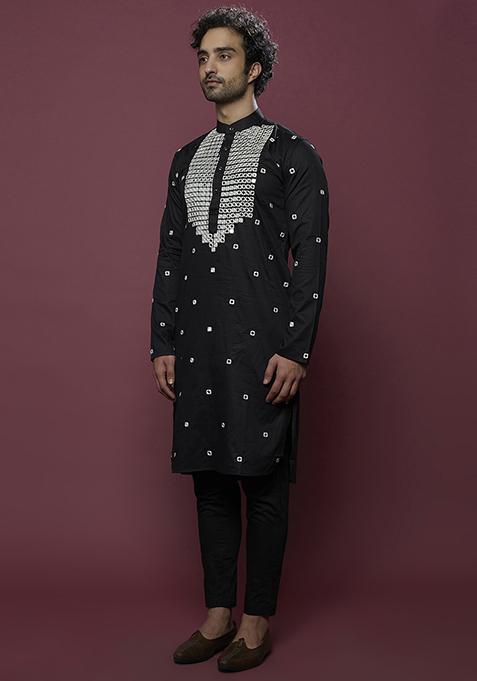 Black Mirror Work Cotton Kurta Set For Men