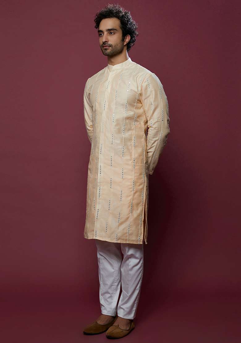Beige Mirror Work Cotton Kurta Set For Men - Indya