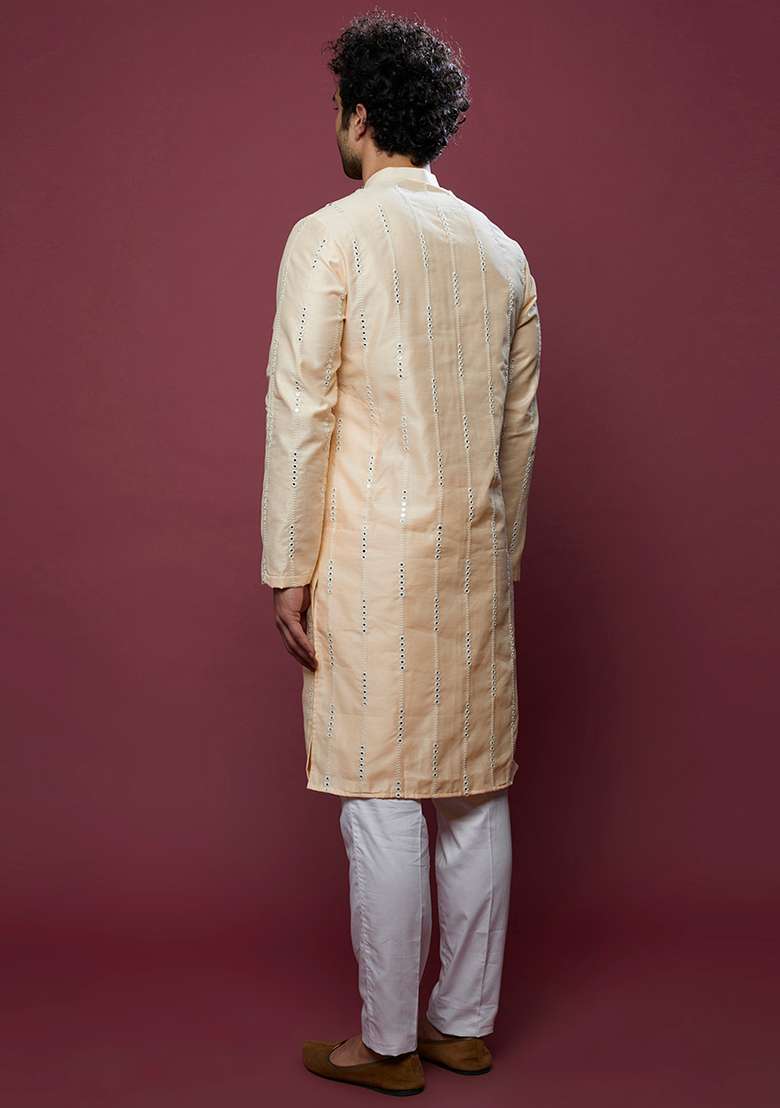 Beige Mirror Work Cotton Kurta Set For Men - Indya