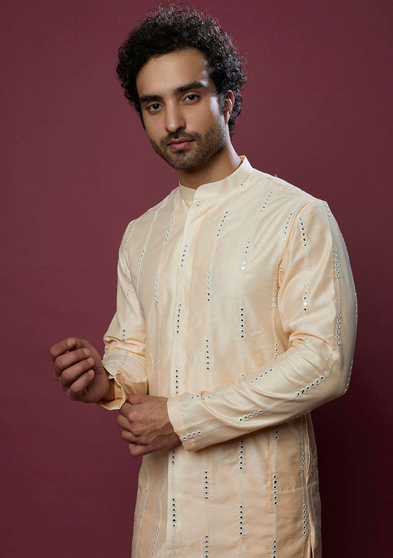 Beige Mirror Work Cotton Kurta Set For Men - Indya