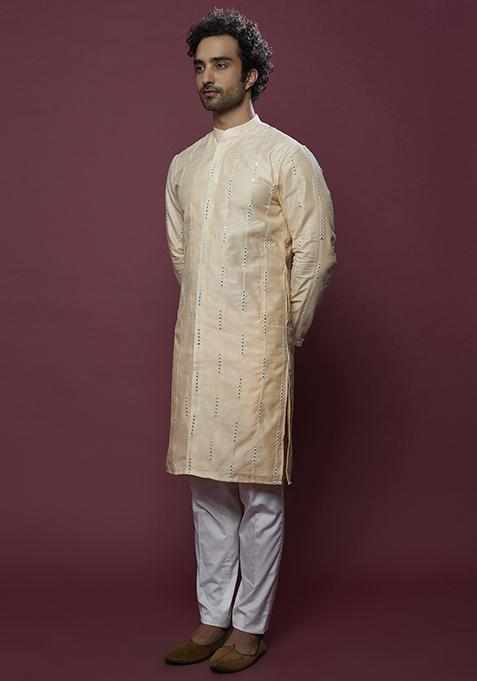 Beige Mirror Work Cotton Kurta Set For Men