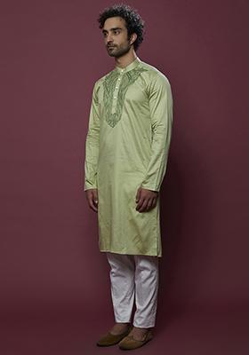 Mint Green Aari Work Cotton Kurta Set For Men