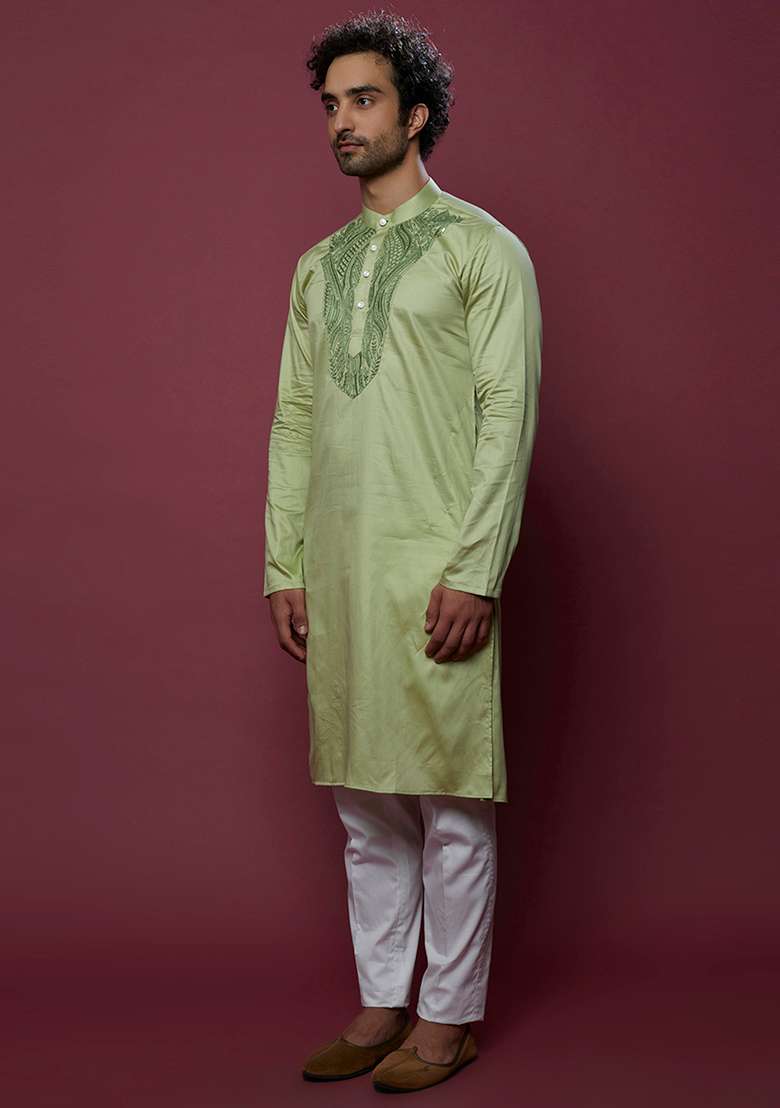 Mint Green Aari Work Cotton Kurta Set For Men - Indya