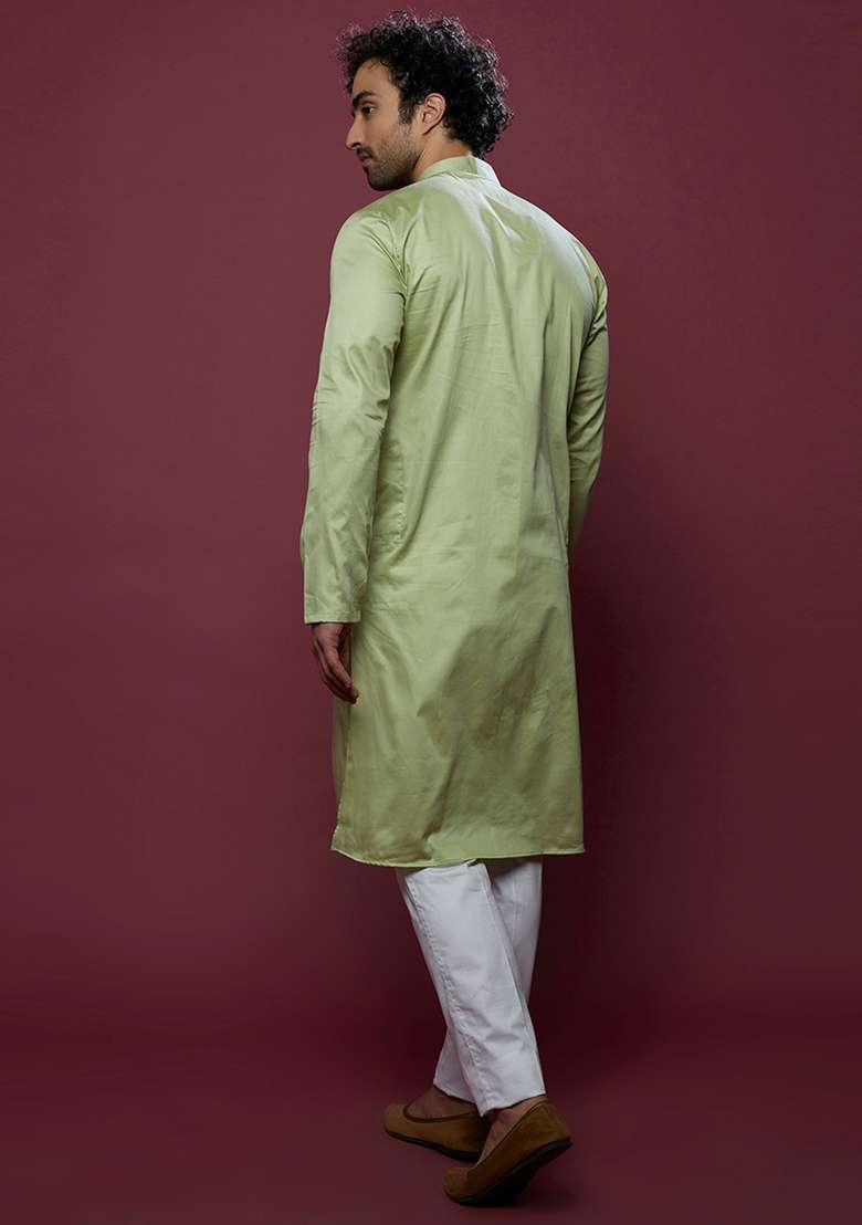 Mint Green Aari Work Cotton Kurta Set For Men - Indya