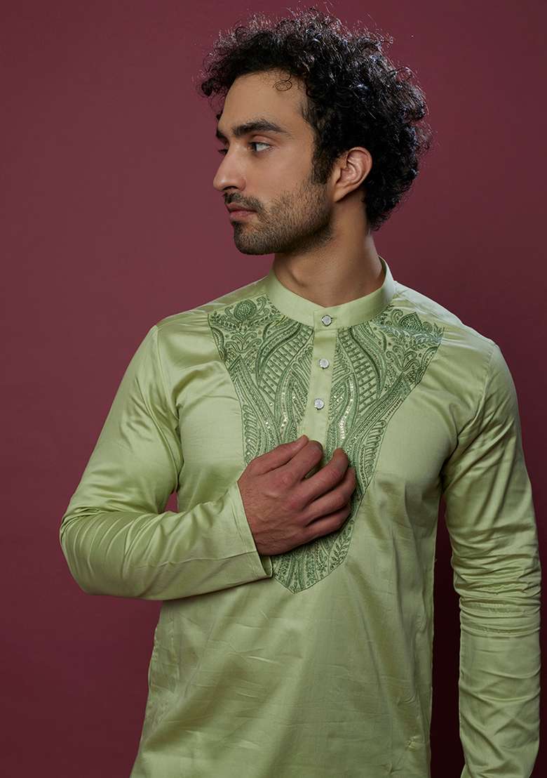 Mint Green Aari Work Cotton Kurta Set For Men - Indya