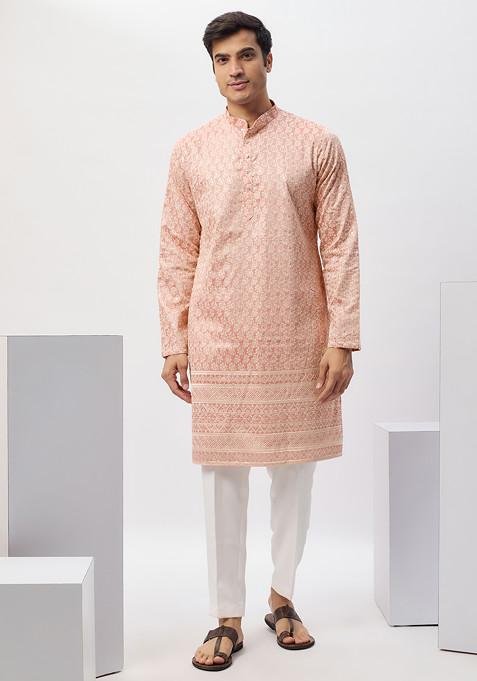 Peach Machine Embroidered Cotton Kurta Set For Men