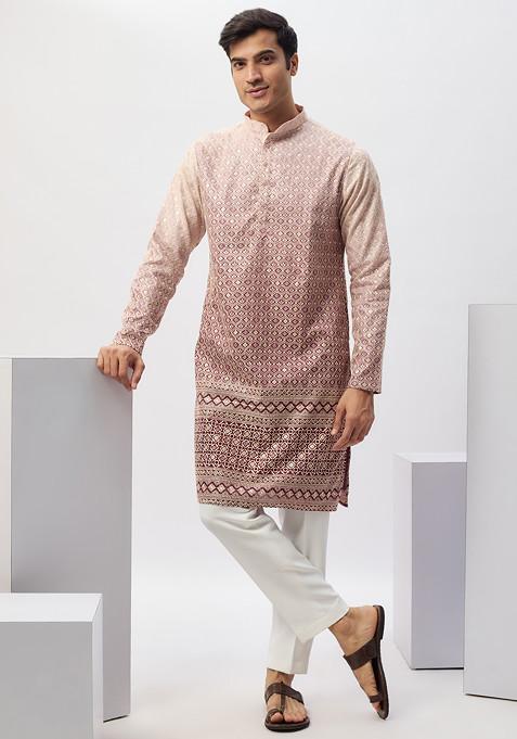 Multicolour Machine Embroidered Cotton Kurta Set For Men