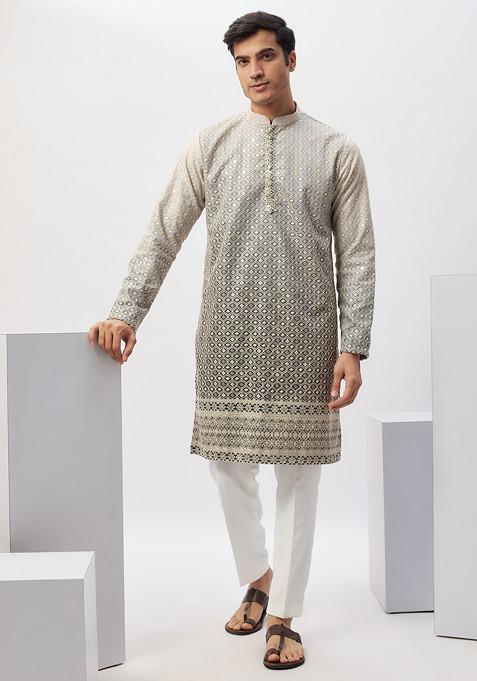 Grey Machine Embroidered Cotton Kurta Set For Men