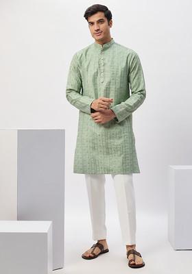 Green Machine Embroidered Cotton Silk Kurta Set For Men