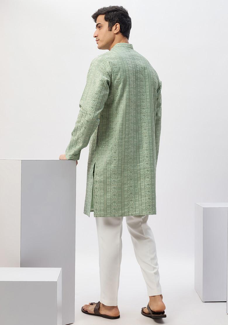 Green Machine Embroidered Cotton Silk Kurta Set For Men