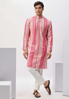 Pink Machine Embroidered Cotton Kurta Set For Men